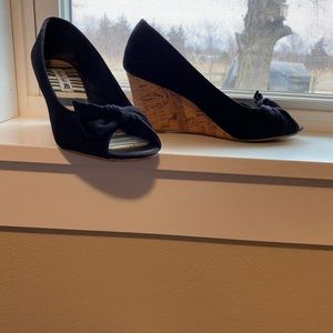 Black peep toe wedges